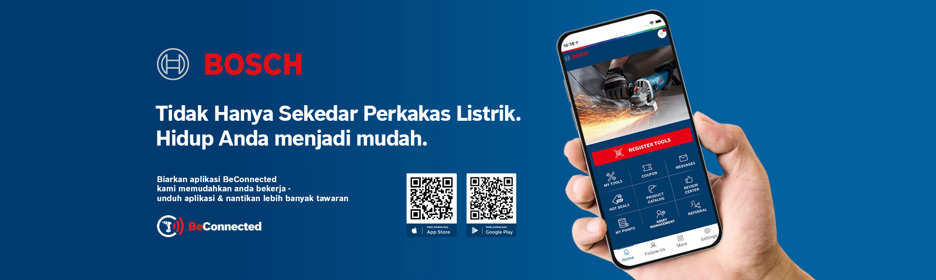 Sebuah smartphone dengan aplikasi Bosch di latar belakang biru, kode QR terlihat.