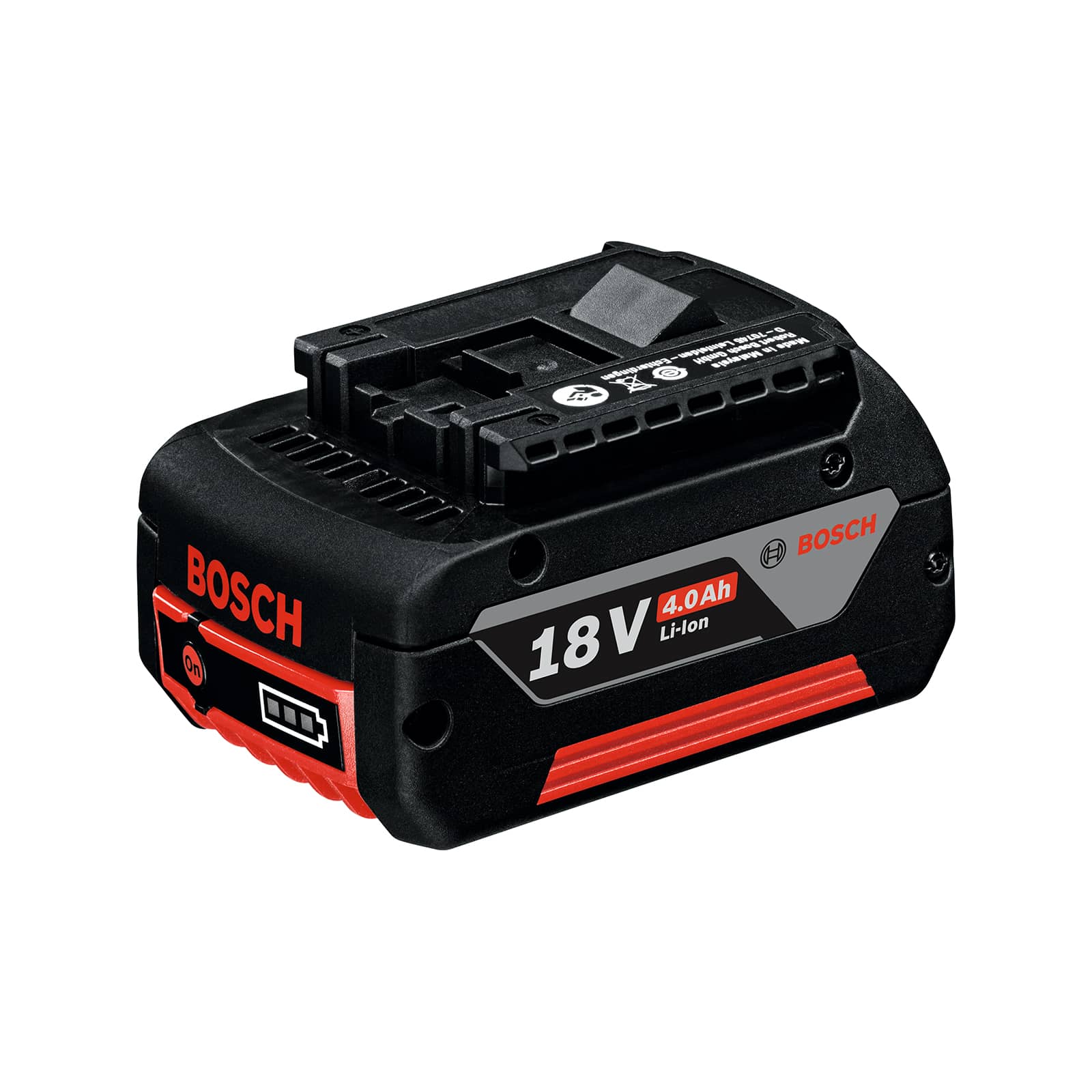 Baterai hitam Bosch Professional 18V dengan aksen merah.