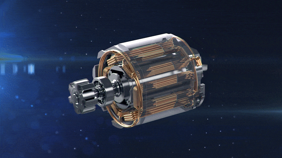 Sebuah motor transparan dengan kawat tembaga di latar belakang gelap.