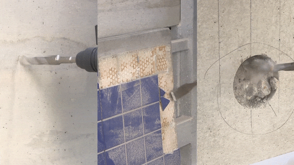 Bor profesional Bosch menembus beton dan ubin, debu beterbangan.