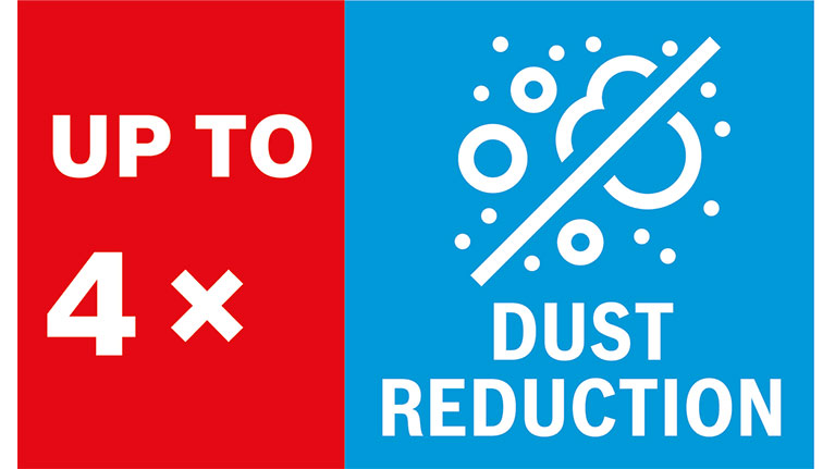 Logo merah dan biru dengan teks dan simbol untuk pengurangan debu.