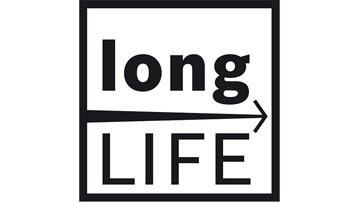 Logo dengan tulisan “long LIFE” berwarna hitam di atas latar belakang putih.