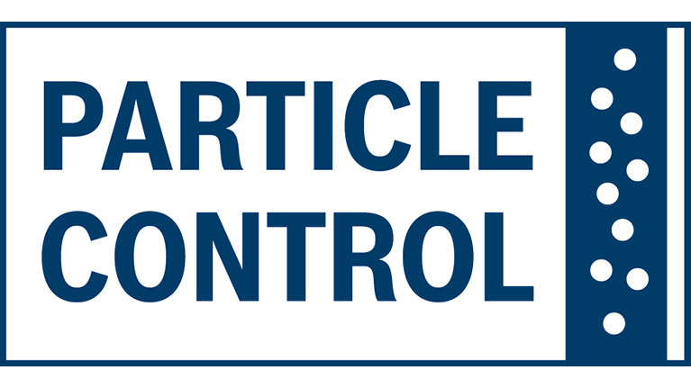 Logo dengan teks "PARTICLE CONTROL" berwarna biru di latar belakang putih.