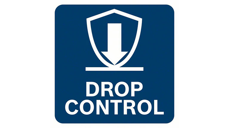 Stiker keamanan biru dengan "DROP CONTROL" dan simbol tanda.