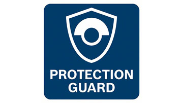 Sebuah perisai biru dengan mata dan teks "PROTECTION GUARD".