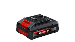 Baterai hitam Bosch Expert 18V dengan pegangan merah di latar belakang putih.