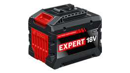 Baterai Bosch Expert 18V hitam dengan aksen merah.