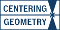 Logo Centering Geometry dalam biru dan putih, simbol geometris.