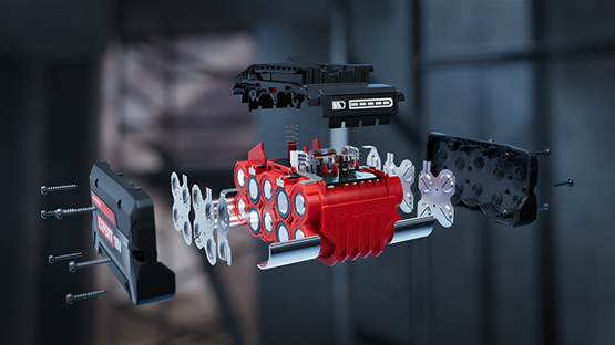 Model mesin Bosch Professional merah yang terurai dengan bagian-bagian yang teratur.