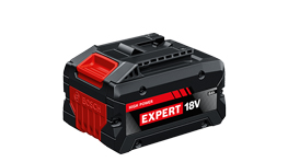 Baterai hitam Bosch Expert 18V dengan detail merah di latar belakang putih.
