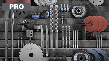 Berbagai alat Bosch Professional di dinding abu-abu.