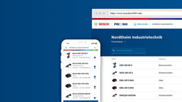 Sebuah smartphone menampilkan situs web Bosch Professional dengan alat-alat.