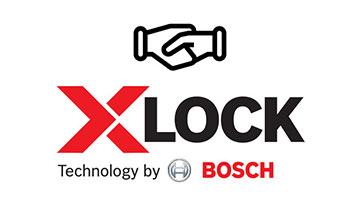 Logo Bosch XLOCK dengan simbol jabat tangan dan tulisan mencolok.