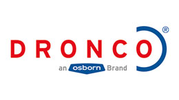 Logo Dronco, merah dan biru, dengan gaya dan referensi merek.