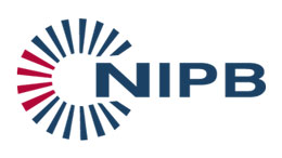 Logo NIPB dengan grafik merah-biru dan tulisan berwarna biru.
