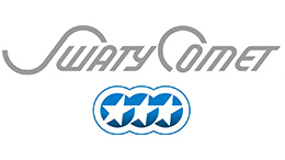 Logo SwatyComet dengan tulisan bergaya dan bintang biru.