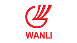 Logo WANLI dengan teks merah dan garis melengkung.