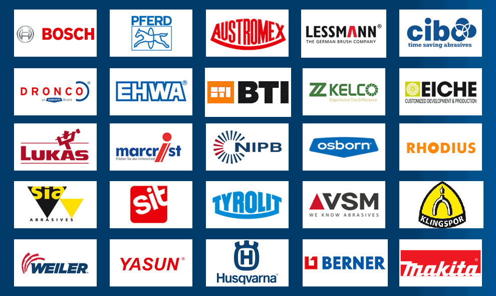 Logo merek alat yang disusun di latar belakang biru.